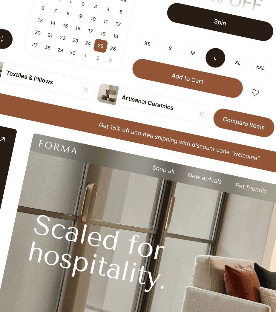 Collage de componentes de interfaz web de ecommerce que incluye calendario, selector de tamaño y banner.