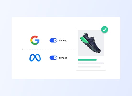 Interfaz de usuario que muestra un producto de zapatillas para correr sincronizado correctamente con los canales de venta de Google y Meta.