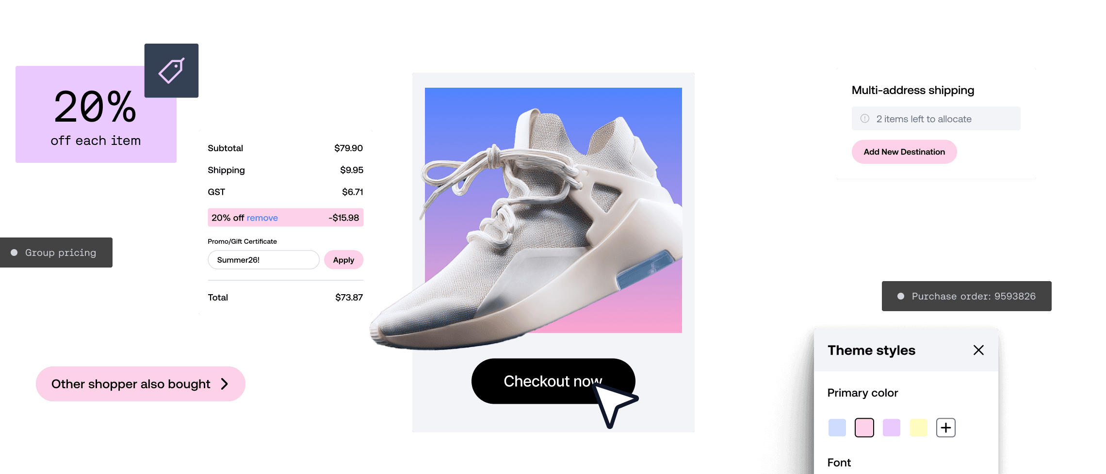 Página de pago de productos de ecommerce que muestra una zapatilla blanca, detalles del código de descuento y opciones de color del tema.