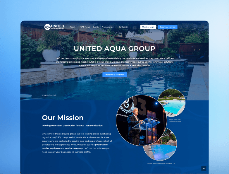 Página de inicio de comercio electrónico de United Aqua Group con servicios para piscinas comerciales y spas.