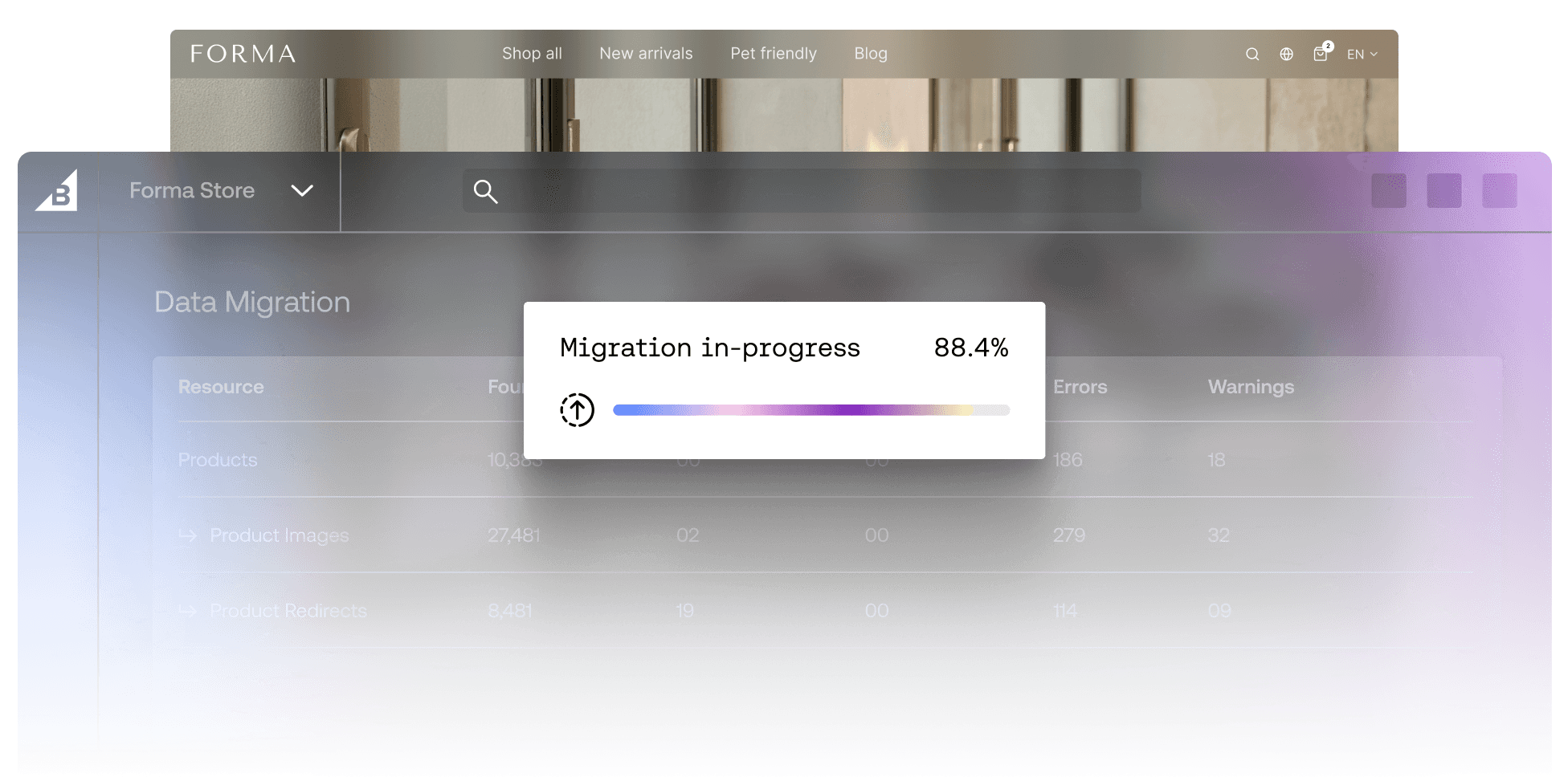 Panel de control de BigCommerce que muestra una barra de progreso de migración de datos al 88.4 %