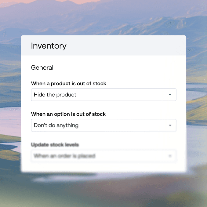 Inventory management UI displaying General settings with Hide the product selected for out of stock items