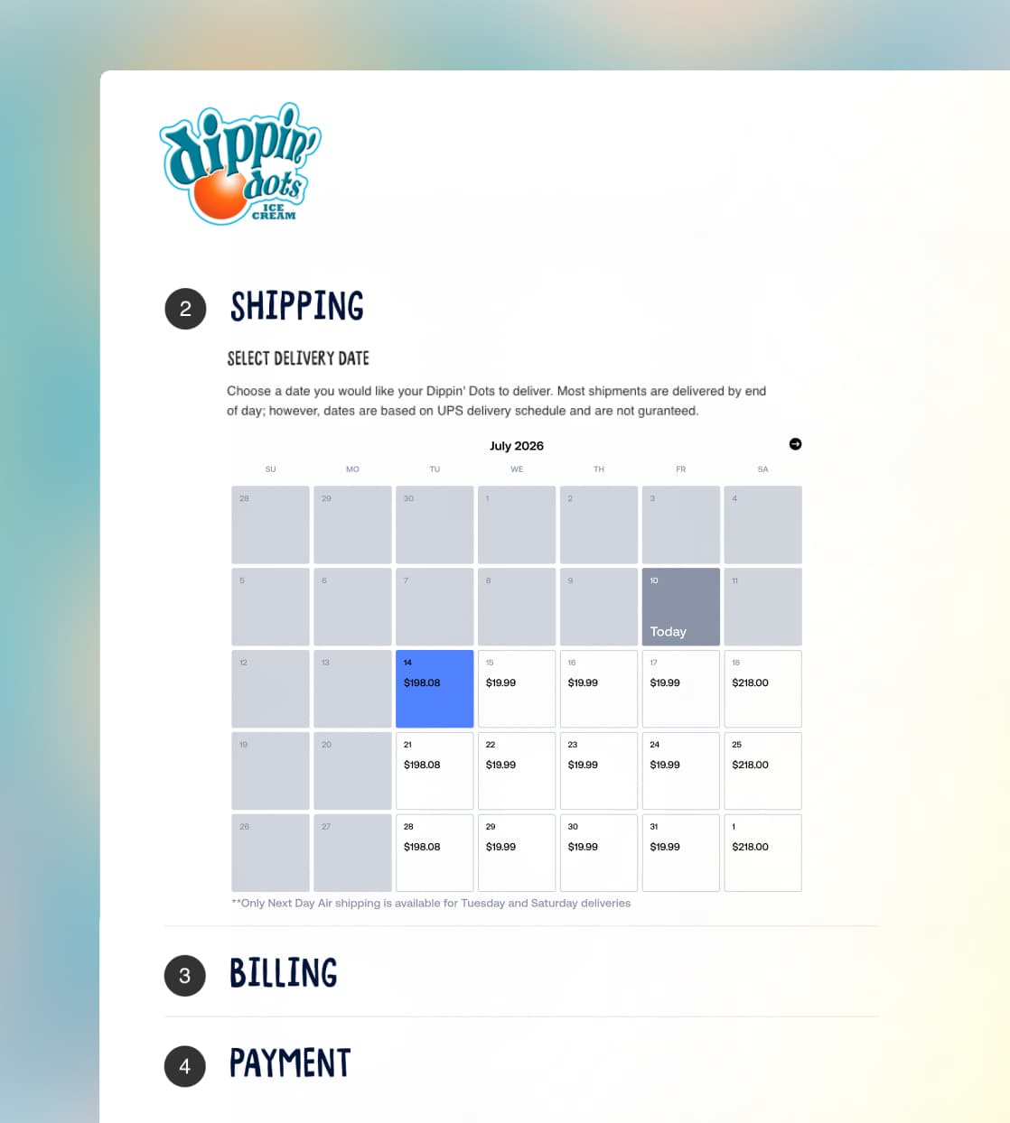 Pantalla de pago en línea de Dippin’ Dots que muestra el calendario de envío para seleccionar la fecha de entrega en julio.