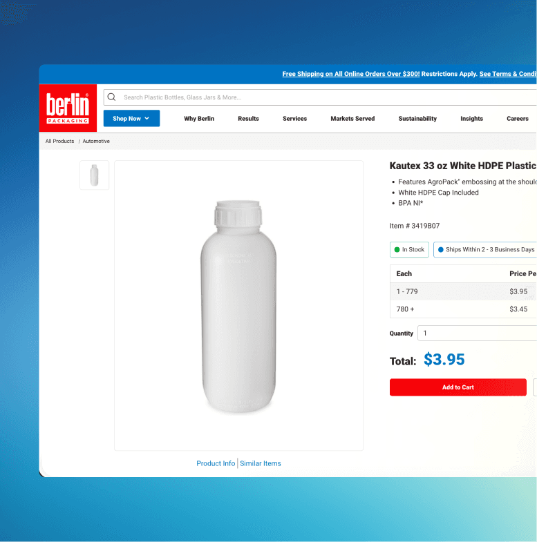 Página de detalles del producto de Berlin Packaging que muestra una botella de plástico HDPE blanca de 33 oz.