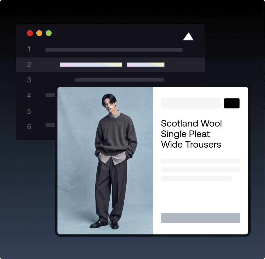 Interfaz web de comercio electrónico de indumentaria que muestra una tarjeta de producto de pantalones anchos de lana de Escocia con elementos de código de fondo