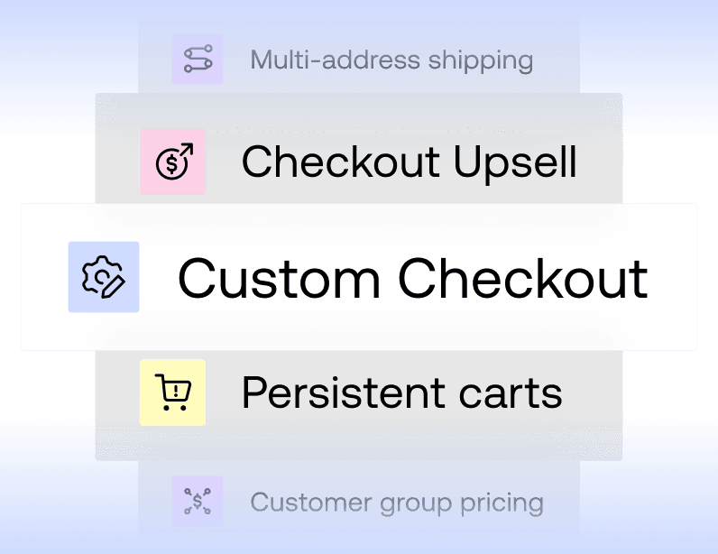 Menú de funciones personalizadas del proceso de pago que destaca las opciones de venta adicional, proceso de pago personalizado y carritos persistentes.