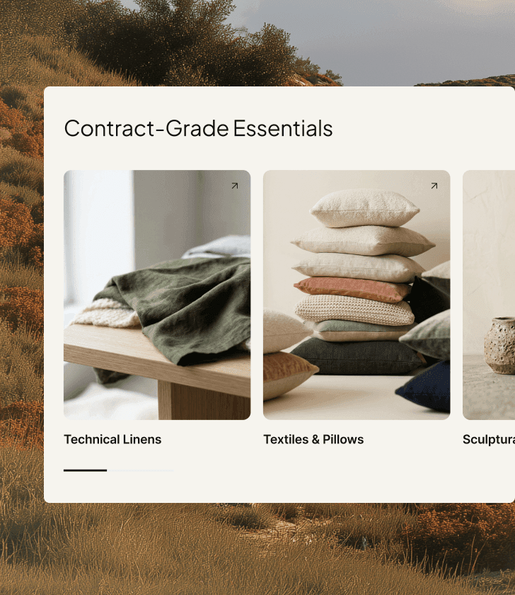 Diseño de categoría de Essentials de grado comercial que muestra tarjetas de Lino técnico, Textiles y Almohadas.