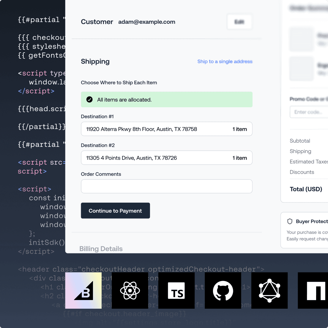Flujo de pago de BigCommerce que muestra detalles de envío a varias direcciones, superposición de códigos y logotipos del ecosistema tecnológico