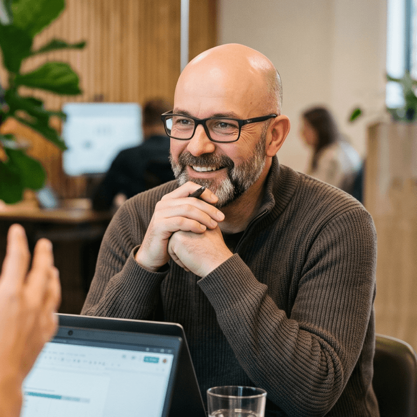Hombre sonriente con gafas y barba inclinado hacia adelante en una discusión de oficina moderna con un colega.