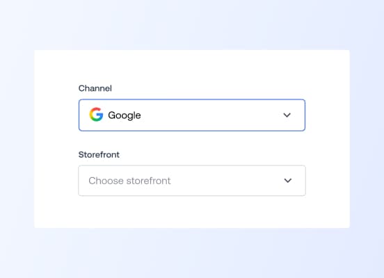 Interfaz de usuario que muestra un menú desplegable para seleccionar un canal de ecommerce, con Google seleccionado.