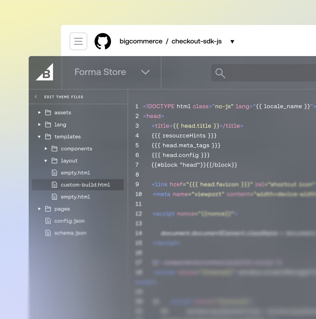 Editor de código del SDK de área de pago de BigCommerce que muestra archivos de plantilla HTML y el árbol de directorios de compilación personalizada.