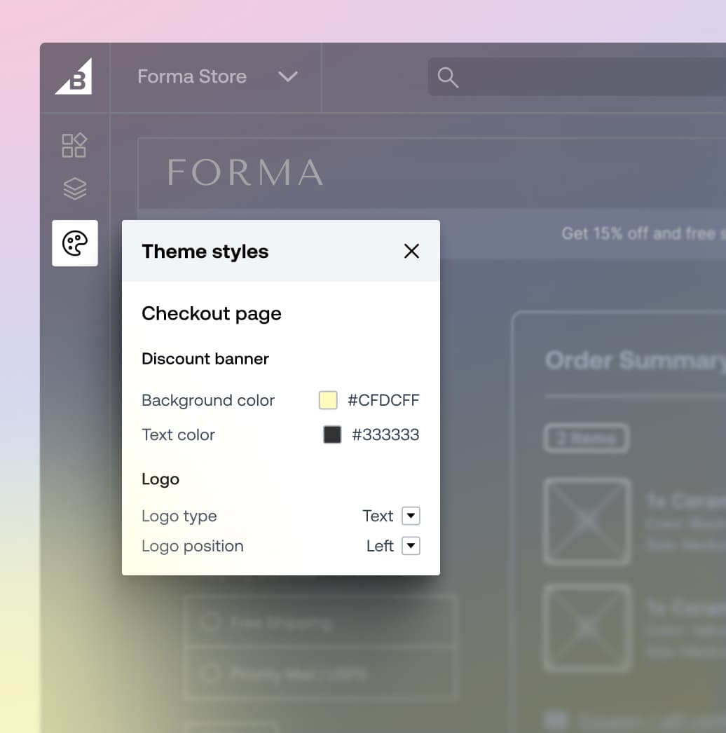 Configuración de estilo del tema de ecommerce de Contentful que muestra opciones de color de fondo y de texto para un menú de página de pago.
