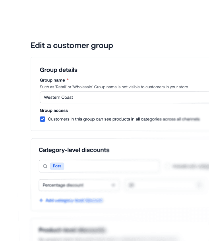 Interfaz de edición de grupos de clientes que muestra los detalles del grupo para Western Coast y los descuentos por categoría.
