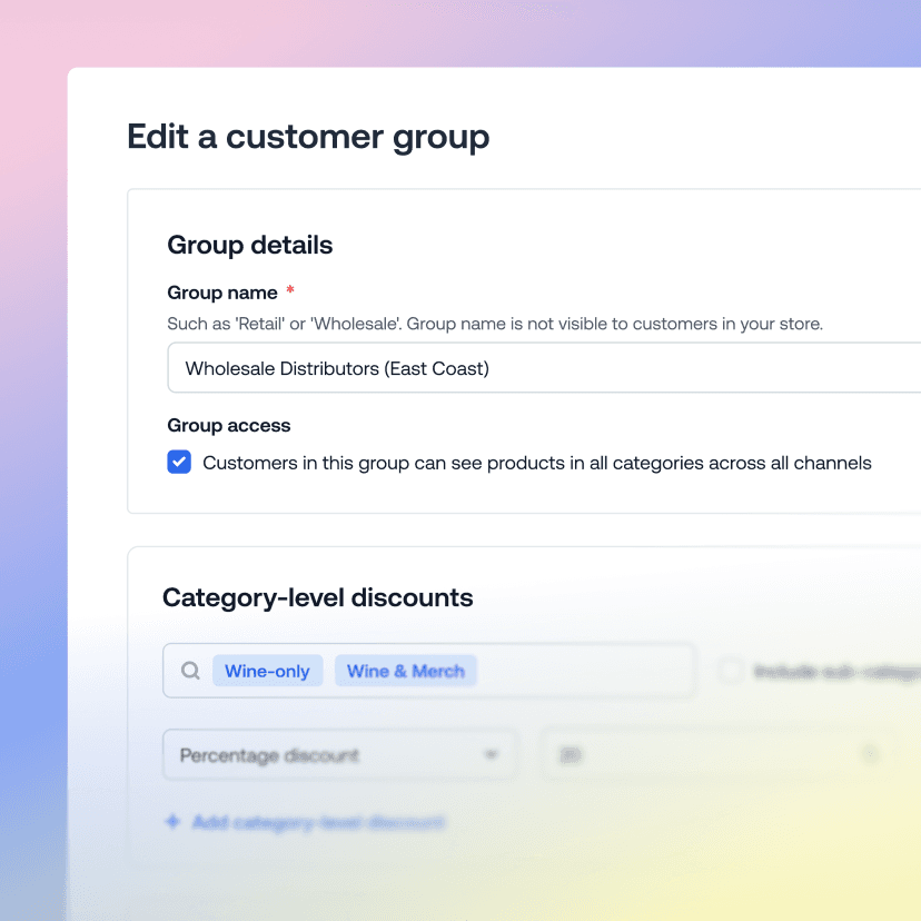 Interfaz de administración de grupos de clientes que muestra la configuración de un distribuidor de venta al mayoreo y las reglas de descuento por categoría.