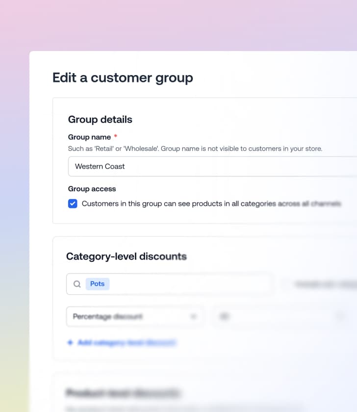 Menú de edición de grupos de clientes que muestra los detalles del grupo Western Coast y la configuración de descuentos a nivel de categoría.