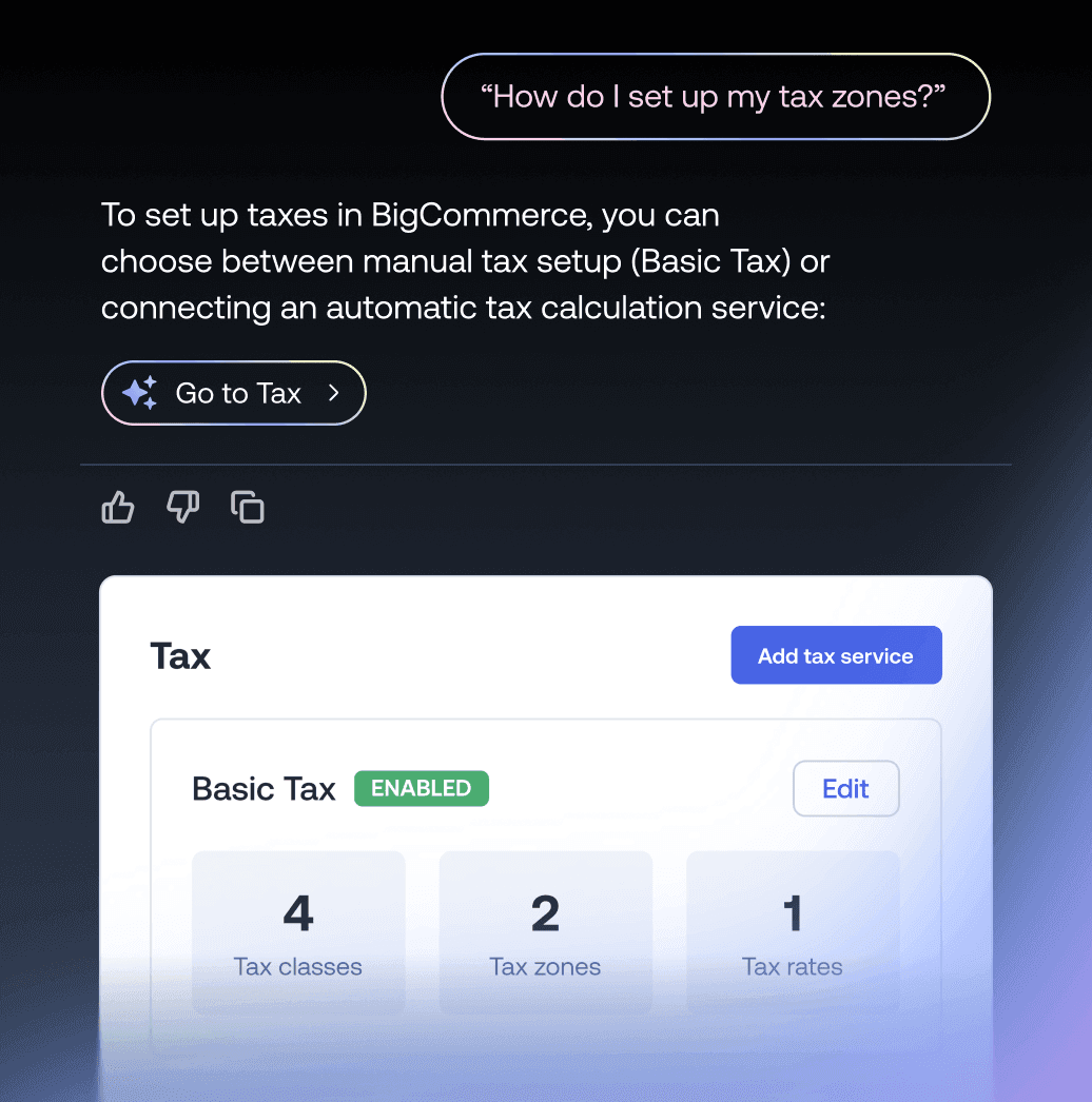 Pantalla de chat de configuración de impuestos de BigCommerce que muestra la configuración básica de impuestos con clases y zonas fiscales