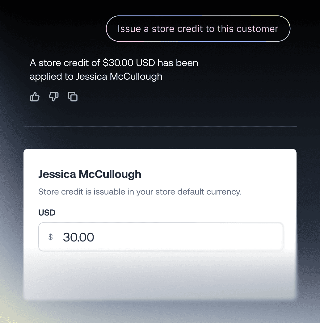 Interfaz de crédito de la tienda que muestra un crédito de $30.00 USD aplicado a la cuenta de un cliente.