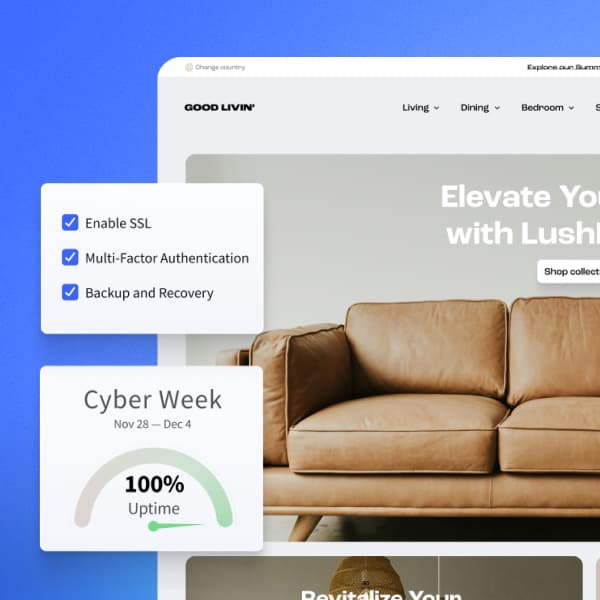 Una captura de pantalla que muestra un sofá con elementos de texto como "BUENA VIDA", "Vivir . Comedor v dormitorio w", "Elevate Yo" y varias frases relacionadas con tecnología y ventas, incluyendo "Habilitar SSL", "Autenticación Multifactor" y "Cyber Week". La pantalla contiene una mezcla decorativa de fuentes y diseños.